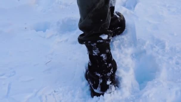 Close Slow Motion Walking Snow Military Boots — Stockvideo