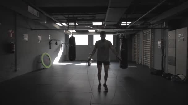 Young Athletic Man Skipping Rope Gym — Stockvideo