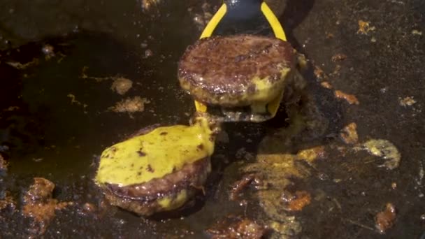 Turning Beef Burger Meat Iron Sheet 180Fps Slow Motion — Stock video