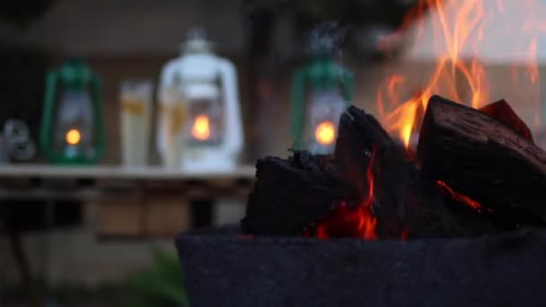 Meat Being Flame Grilled Cooked Outdoor Barbecue Evening Setting — Vídeo de Stock
