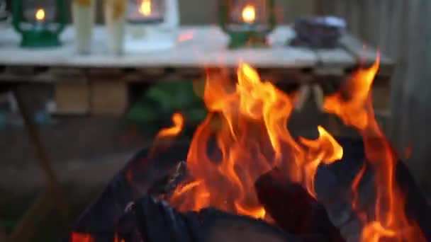Meat Being Flame Grilled Cooked Outdoor Barbecue Evening Setting — Stockvideo
