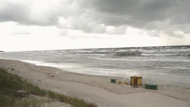 Young Woman Filming Beach Wavy Sea Day Windy Cloudy Girl — 비디오