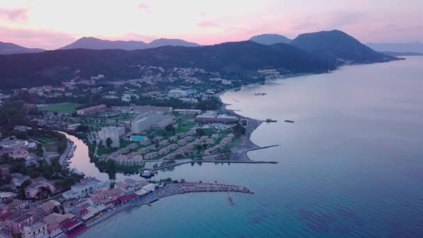 Greece Corfu Island Drone Footage Sunset Messonghi Beach Flying Forward — Vídeos de Stock