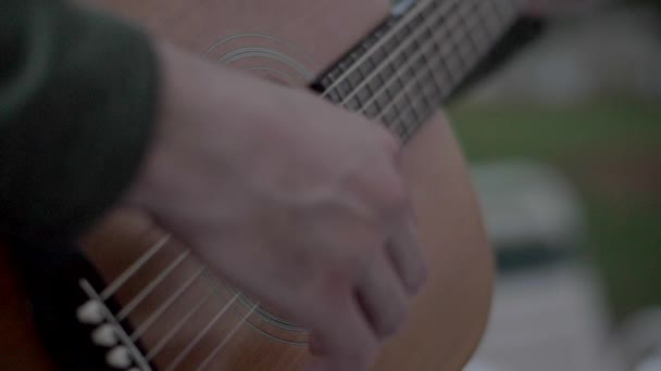 Close Man Hand Strumming Guitar Dusk Super Slow Motion — Video Stock