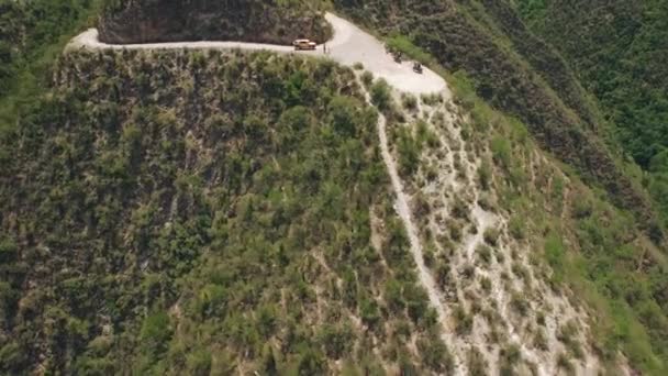 Aerial Motorcycle Riders Riding Motorbike Mountain Roads — Stock video