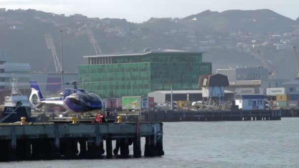 Shot Wellington Waterfront Helicopter Wharf Taking Leaving Frame — Vídeos de Stock