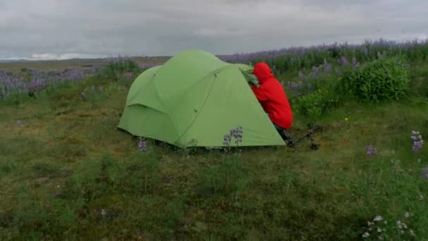 Wild Camping Iceland Hiker Leaving Green Tent Pitched Volcanic Landscape — Vídeo de Stock