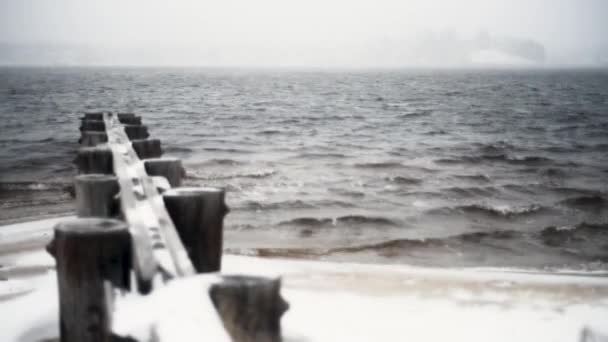 Snow Falls Old Wooden Pier — Stok video
