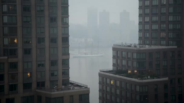 Thick Fog Distorts View Skyscrapers Huge Old Sail Boat Anchored — Video Stock