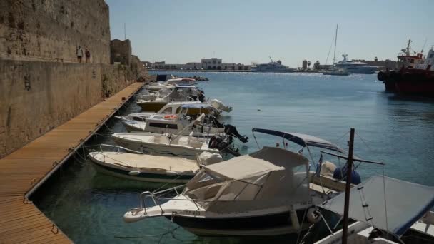 Selection Small Boats Moored Rhodes Town Habour Filmed Fps Played — Stockvideo
