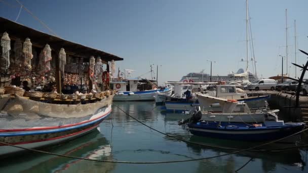 Selection Boats Moored Rhodes Town Habour Including Shop Boat Selling — 图库视频影像