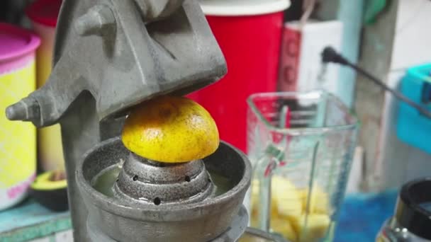 Close Woman Using Juicer Juice Lemons Fruit Smoothie Punta Banco — ストック動画
