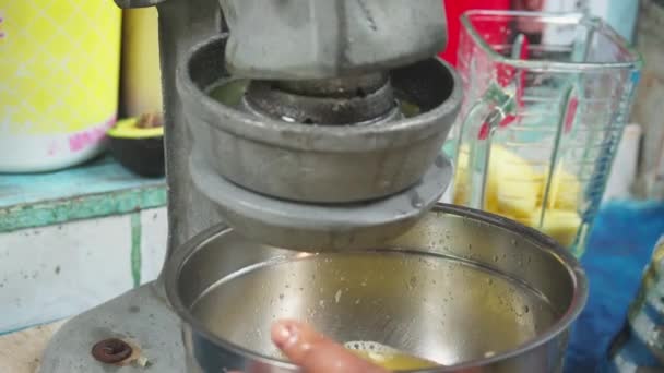 Close Woman Using Metal Juicer Juice Lemons Fruit Smoothie Punta — Stok video