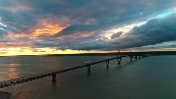 Aerial View Truck Driving Deh Cho Bridge Sunset Fort Providence — Video Stock