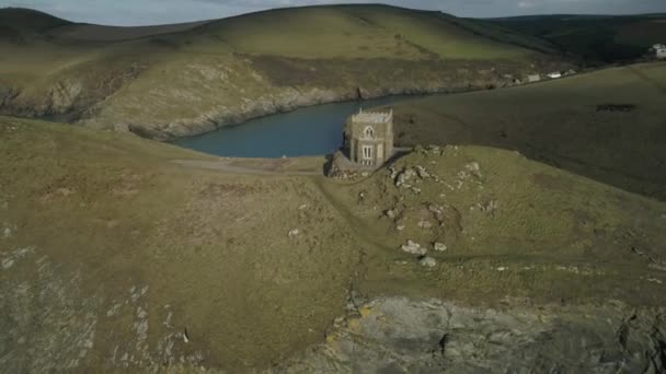 Aerial View Doyden Castle Coastline Port Quin North Cornwall — 비디오