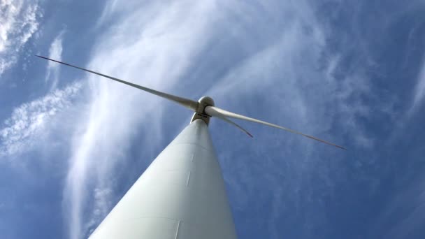 Closeup Footage Giant Wind Turbine Three Blades Sky Clouds Background — Video