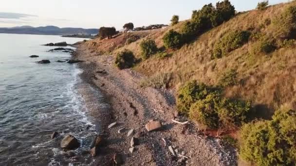 Drone Pan Sobre Playa Rocosa Largo Costa Durante Hora Dorada — Vídeo de stock