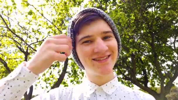 Happy Young Man Wearing Knit Hat Smiling — Stock Video