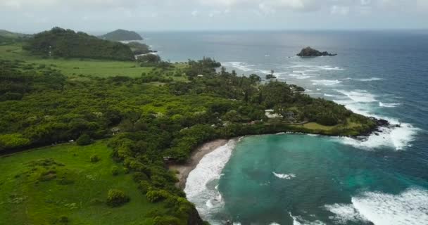 Aerial Shot Blue Beach Green Landscape Pans Show Waves — Αρχείο Βίντεο