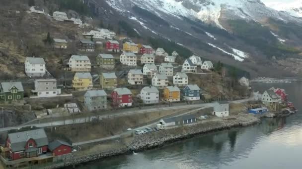 Aerial View Flying Colorful Houses Small Town Odda Norway Located — Vídeo de Stock