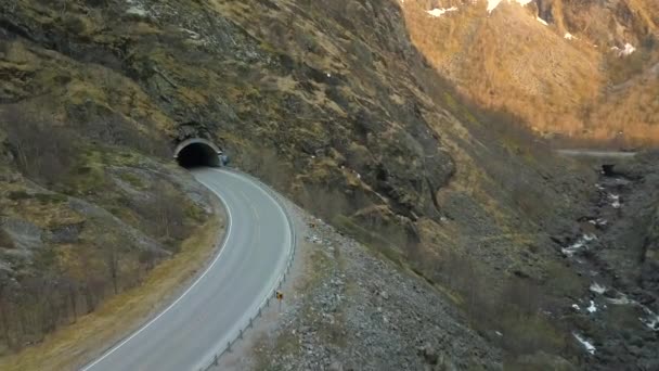 Aerial View Flying Entrance Tunnel Cutting Mountain Norway — Stockvideo