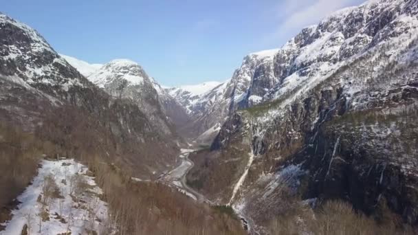 Aerial View Immense Valley Norway Two Snow Covered Mountain Ridges — стокове відео