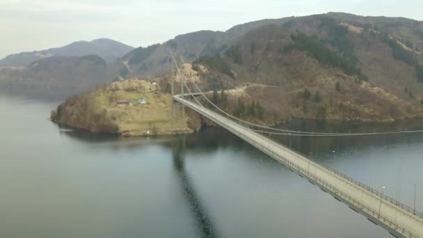 Drone Shot Flying Next Massive Suspension Bridge Bergen Norway Fjord — 图库视频影像