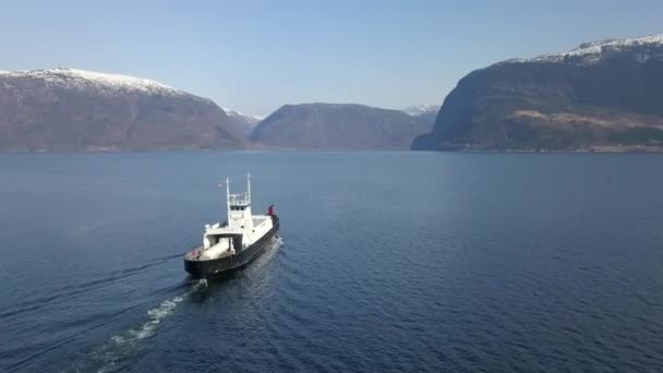 Ferry Traveling Fjord Norway Drone Tracking Shot — Vídeos de Stock