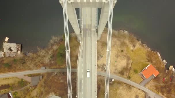 Overhead Aerial View Suspension Bridge Bergen Norway Spanning Fjord — Stok video