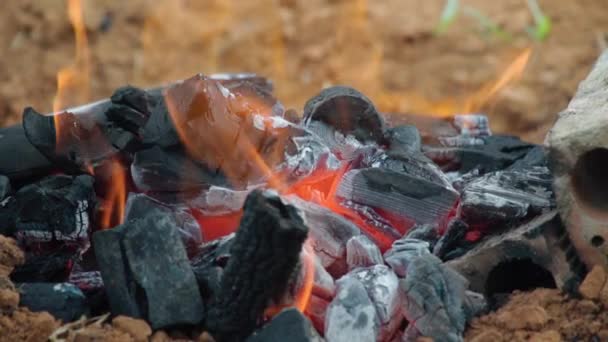 Slomo Flames Rising Wood Fire Dirt Pit Close — Stock video