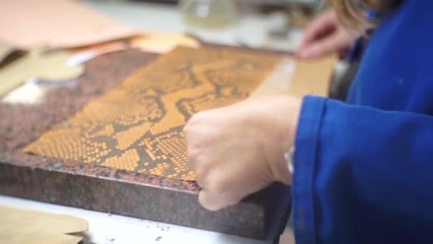 Shoemakers Workshop Making Leather Handbag — Vídeo de Stock