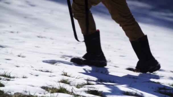 Φωτογράφος Περπατά Μέσα Στο Χιόνι — Αρχείο Βίντεο