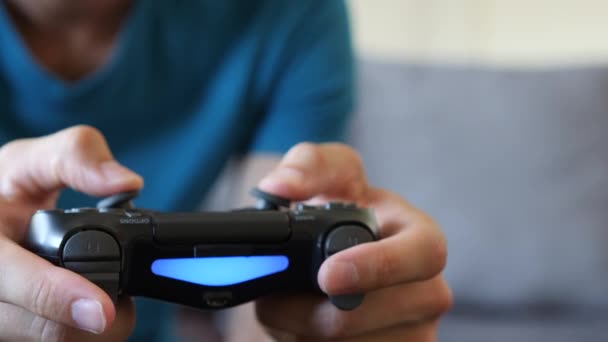 Young Man Playing Video Game Couch Close Controller — Vídeo de Stock