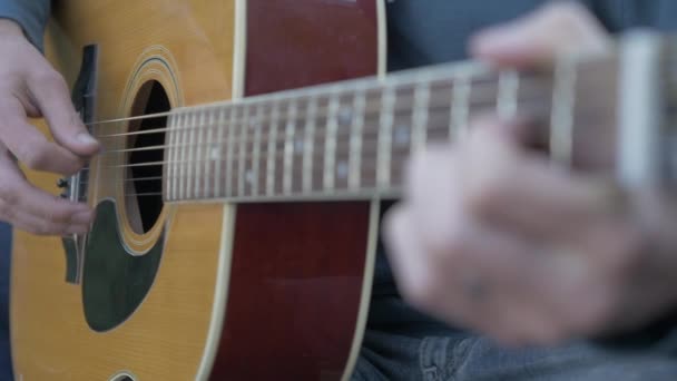Man Playing Guitar Extreme Close Shallow Depth Field — Video