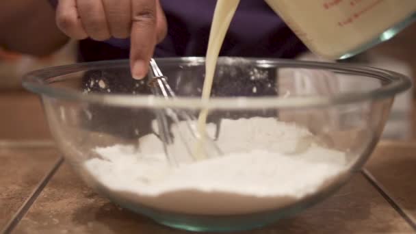 Woman Mixing Liquid Flour Slow Motion Close — Stockvideo