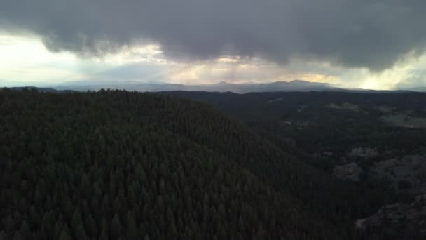 Aerial View Storm Clouds Looming Distance Forested Mountains Colorado High — Stock videók
