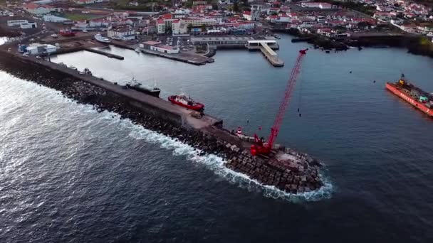 Aerial Shot Madalena Port Port Crane Pico Island Azores Portugal — Stock Video