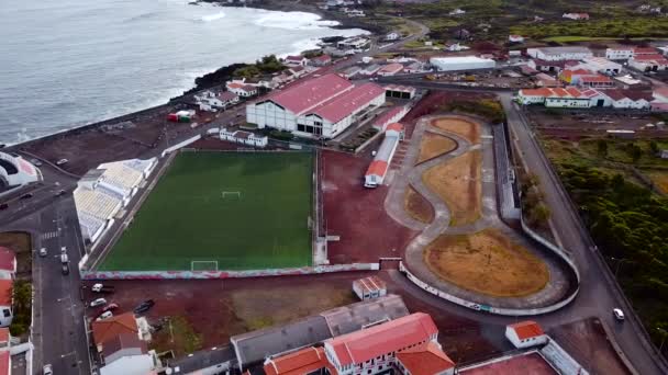 Aerial Footage Football Ground Race Track Madalena Town Pico Island — Stock video