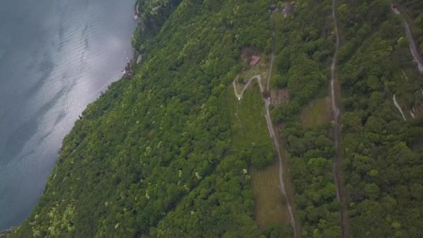 Воздушный Беспилотник Летящий Через Край Леса Над Большим Голубым Озером — стоковое видео