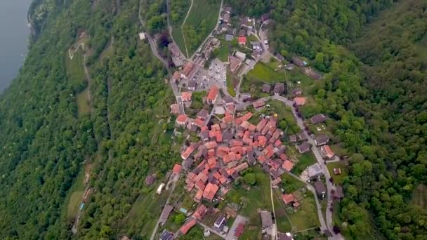 Aerial Drone Shot Homes Buildings Lugano Edge Lake Switzerland — Video Stock