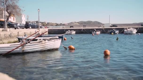 Slow Motion Clip Some Old New Boats Croatian Harbour — 图库视频影像