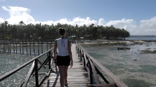 Young Caucasian Woman Walking Away Camera Famous Wooden Boardwalk Cloud — Stock videók