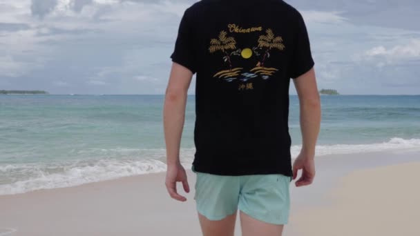 Young Blond Haired Caucasian Man Walking Away Camera Tropical Beach — Stok video