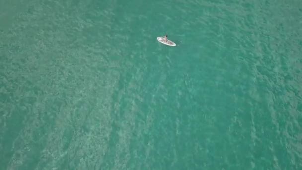 Birds Eye View Woman White Paddle Board Green Waters Aegean — kuvapankkivideo