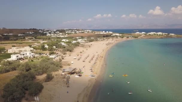 Rising Drone Shot Tourists Enjoying Golden Sands Public Beach Greek — Video Stock