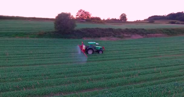 Close Aerial View Farming Tractor Spraying Sunset — Video Stock