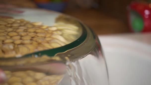 Pouring Water Out Glass Bowl Chickpeas Slow Motion Close — Stockvideo