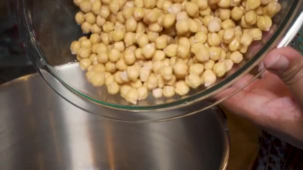 Pouring Chickpeas Garbanzos Metal Pot Slow Motion Close — Stock Video