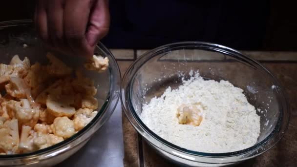 Person Dropping Cauliflower Sauce Flour Breading Slow Motion — Stockvideo