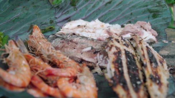 Drizzling Oil Salt Gourmet Assortment Grilled Fish Shrimp — Stok video